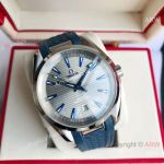 High Quality Replica OMEGA Seamaster Aqua Terra 150M Dark Blue Strap Grey Curved Face Dial Silver Case Watch 41.5mm